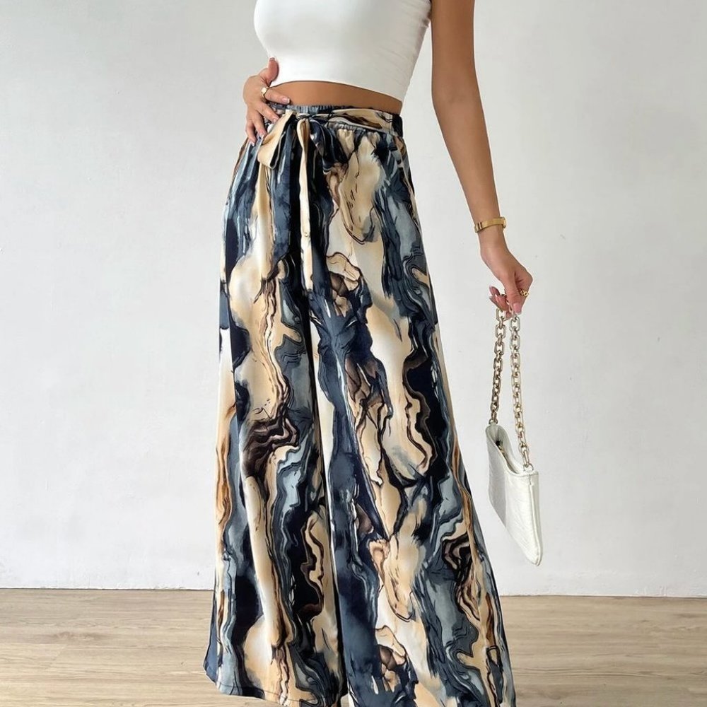Blue Preppy Womens Allover Print Belted Wide Leg Pants - Picture 4 of 5